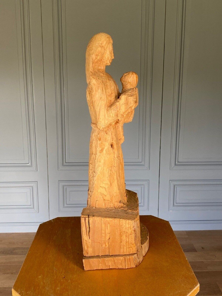 Vierge à l'Enfant bois sculpté dans la masse 1960 atelier d'artiste XXe-photo-2