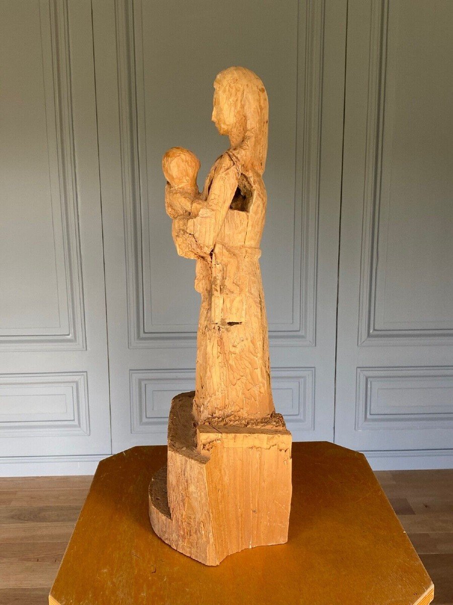 Vierge à l'Enfant bois sculpté dans la masse 1960 atelier d'artiste XXe-photo-3