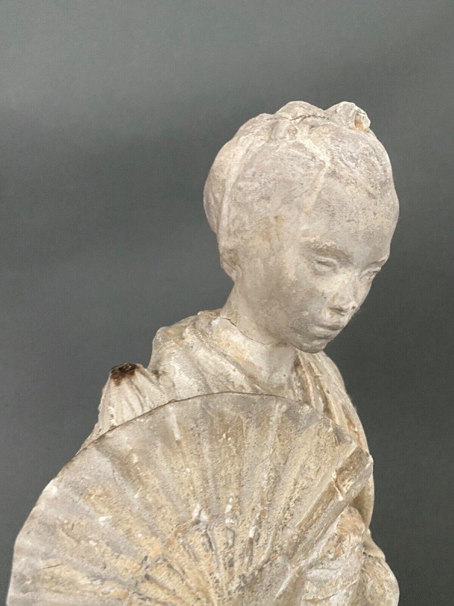 Statue d'atelier en plâtre par Charles Filleul femme à l'éventail XXe-photo-2