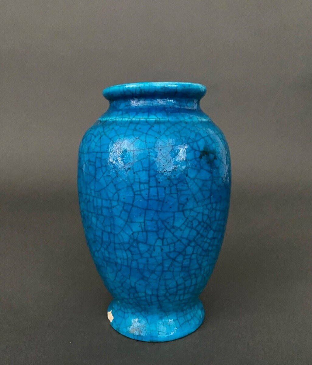 Cracked Ceramic Vase By Lachenal 1930 Ovoid Shape-photo-3