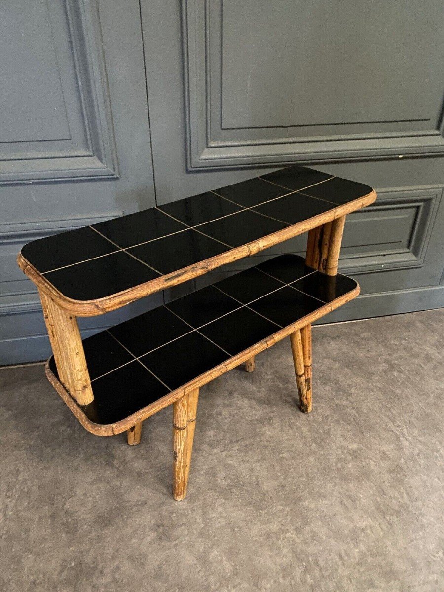 End Table Coffee Table In Rattan And Black Ceramic Tiles 1960-photo-3