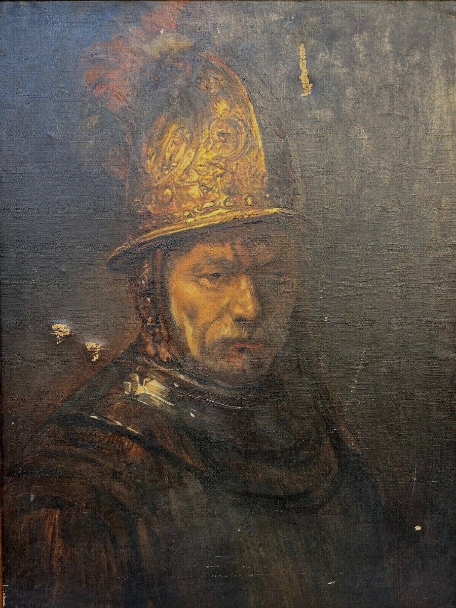 Oil On Canvas Man With Golden Helmet By Arthur Midy After Rembrandt-photo-2