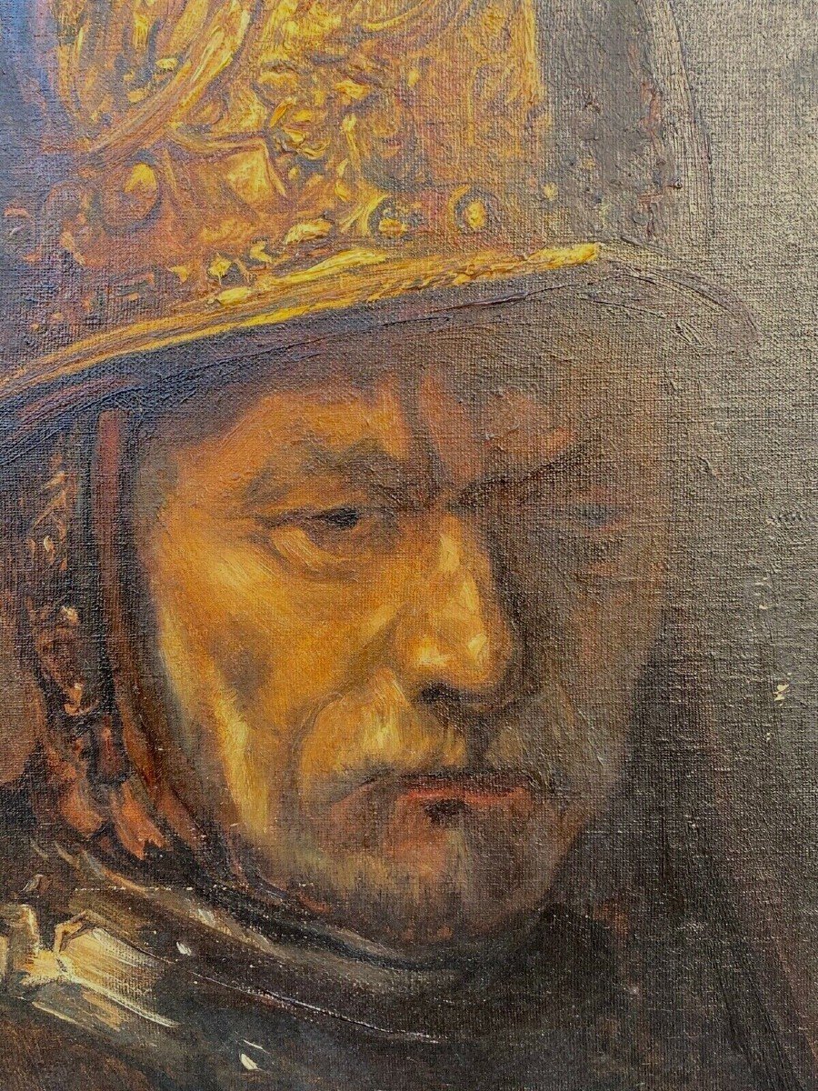 Oil On Canvas Man With Golden Helmet By Arthur Midy After Rembrandt-photo-4