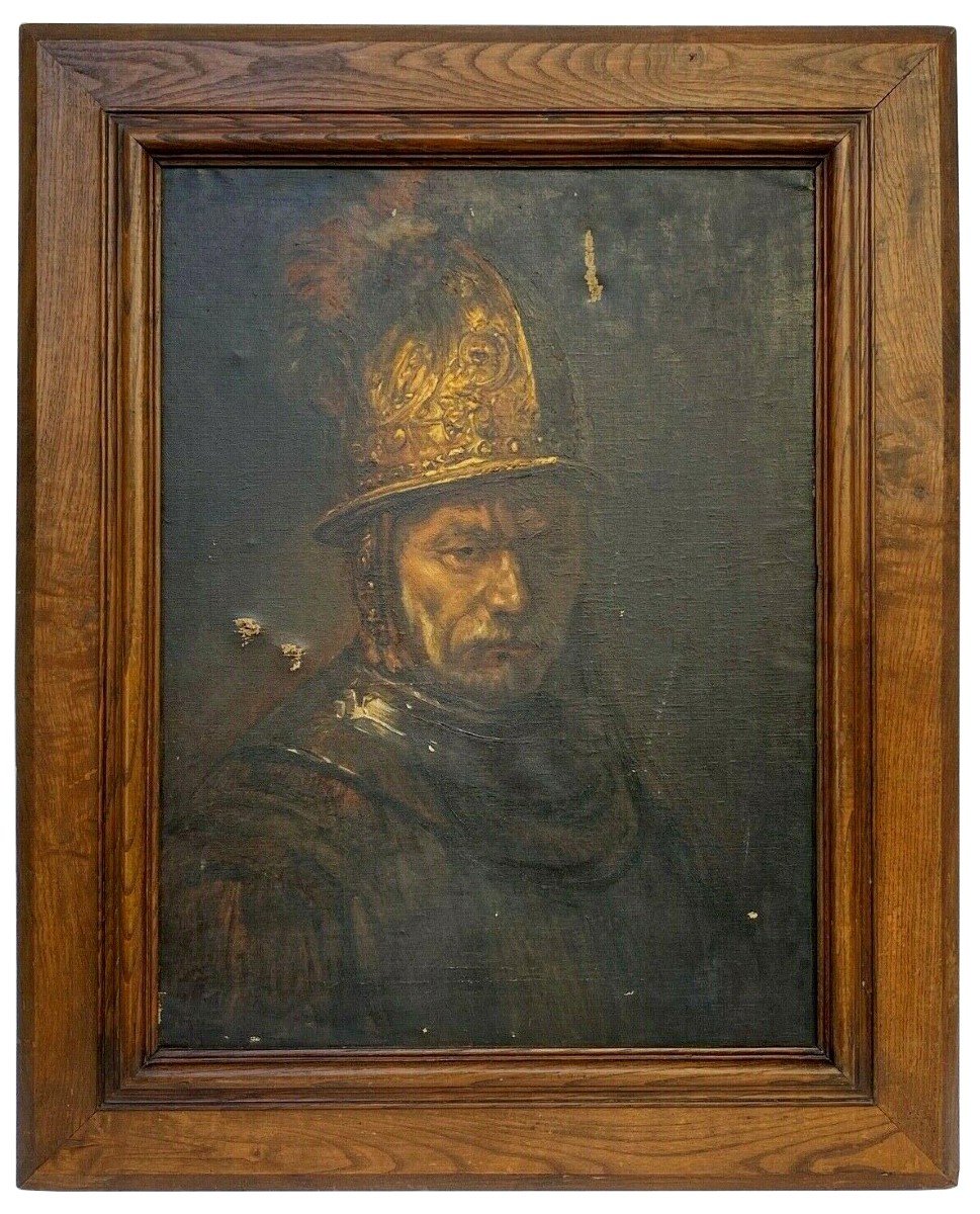 Oil On Canvas Man With Golden Helmet By Arthur Midy After Rembrandt