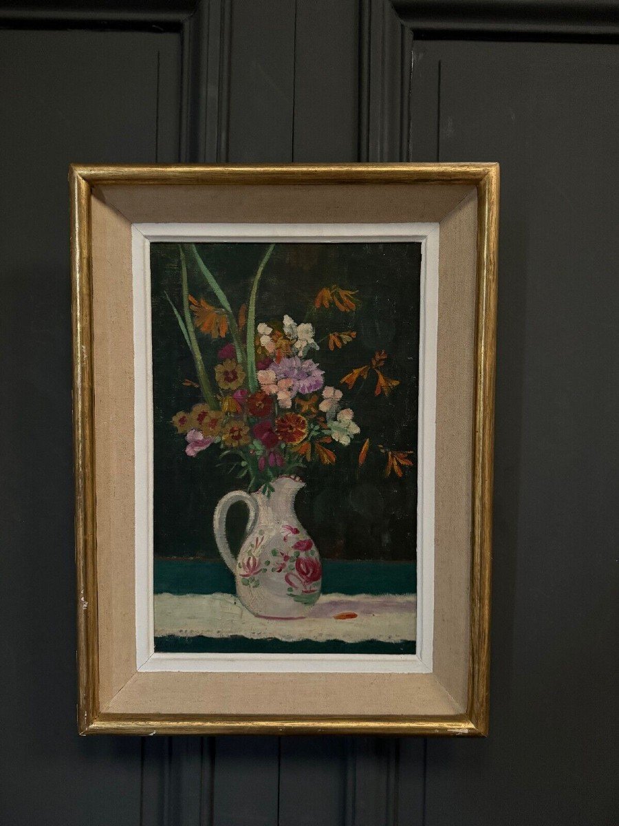 Oil On Canvas 1900 Still Life Bouquet Of Flowers Flower Vase