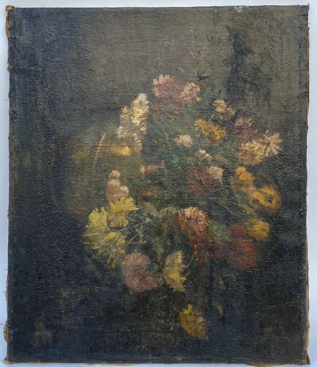 Oil On Canvas Signed Bouquet Of Flowers 18th Century Frame With Golden Baguette-photo-2