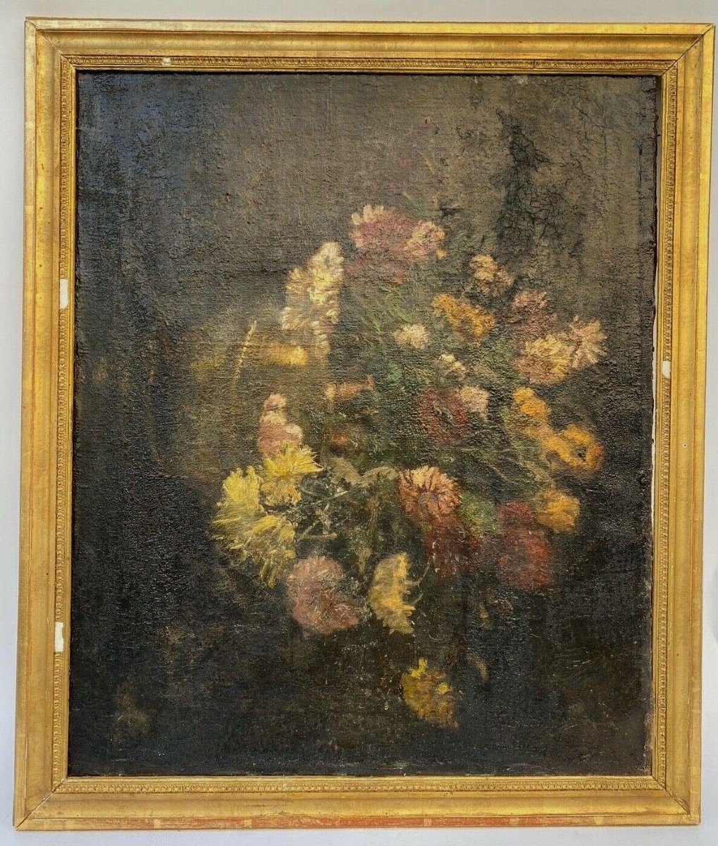 Oil On Canvas Signed Bouquet Of Flowers 18th Century Frame With Golden Baguette