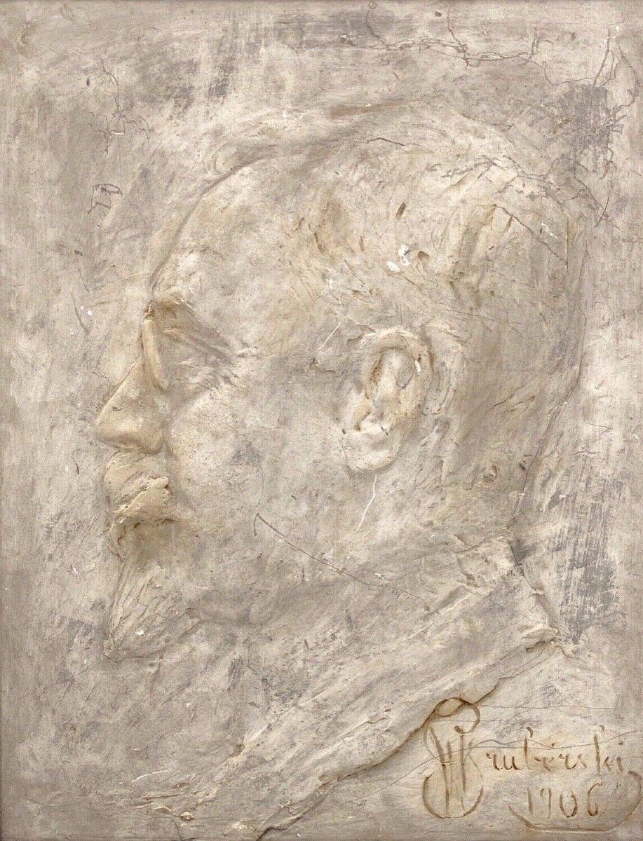 Bas-relief en plâtre par Wladyslaw Gruberski profil d'homme 1906-photo-2