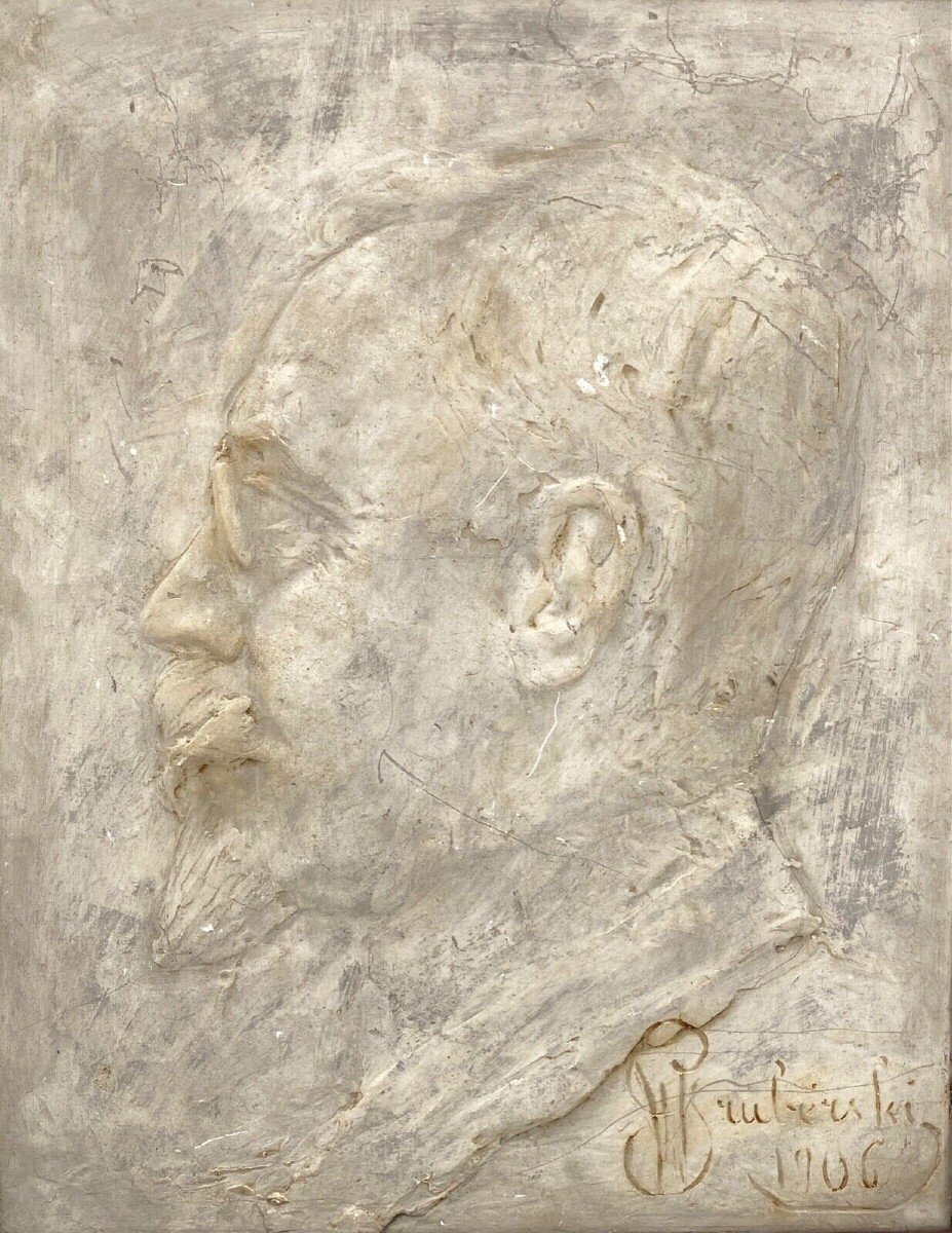 Bas-relief en plâtre par Wladyslaw Gruberski profil d'homme 1906-photo-4