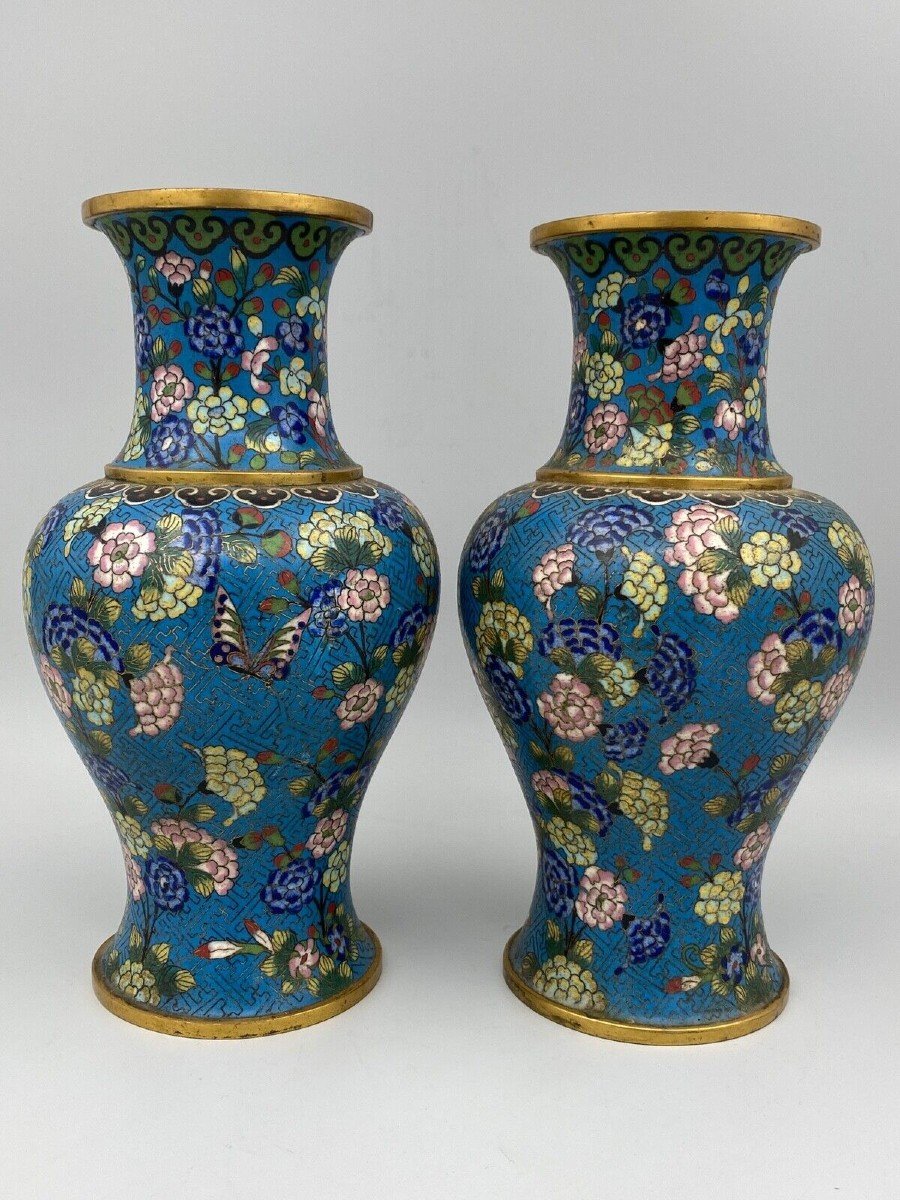 Paire de vases cloisonnés XIXe Chine décor floral -photo-2