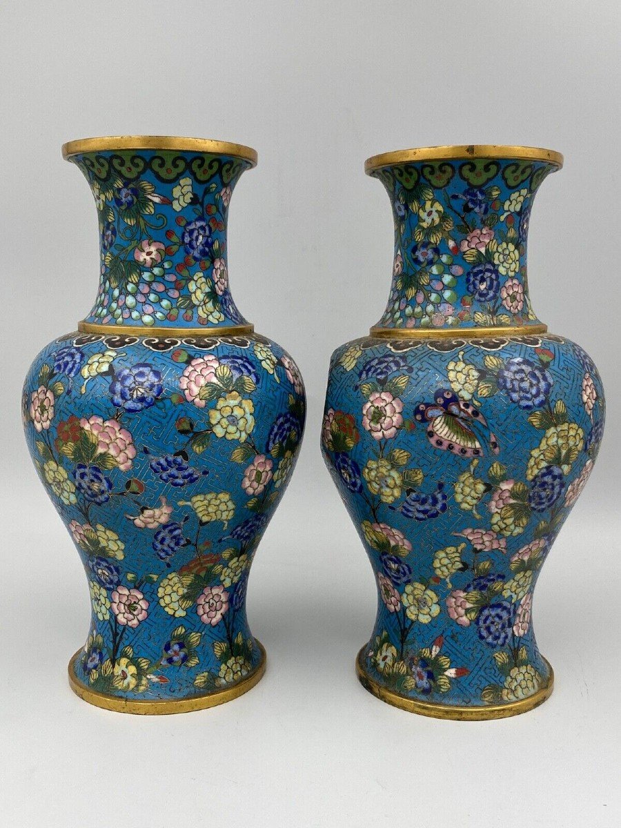 Paire de vases cloisonnés XIXe Chine décor floral -photo-3