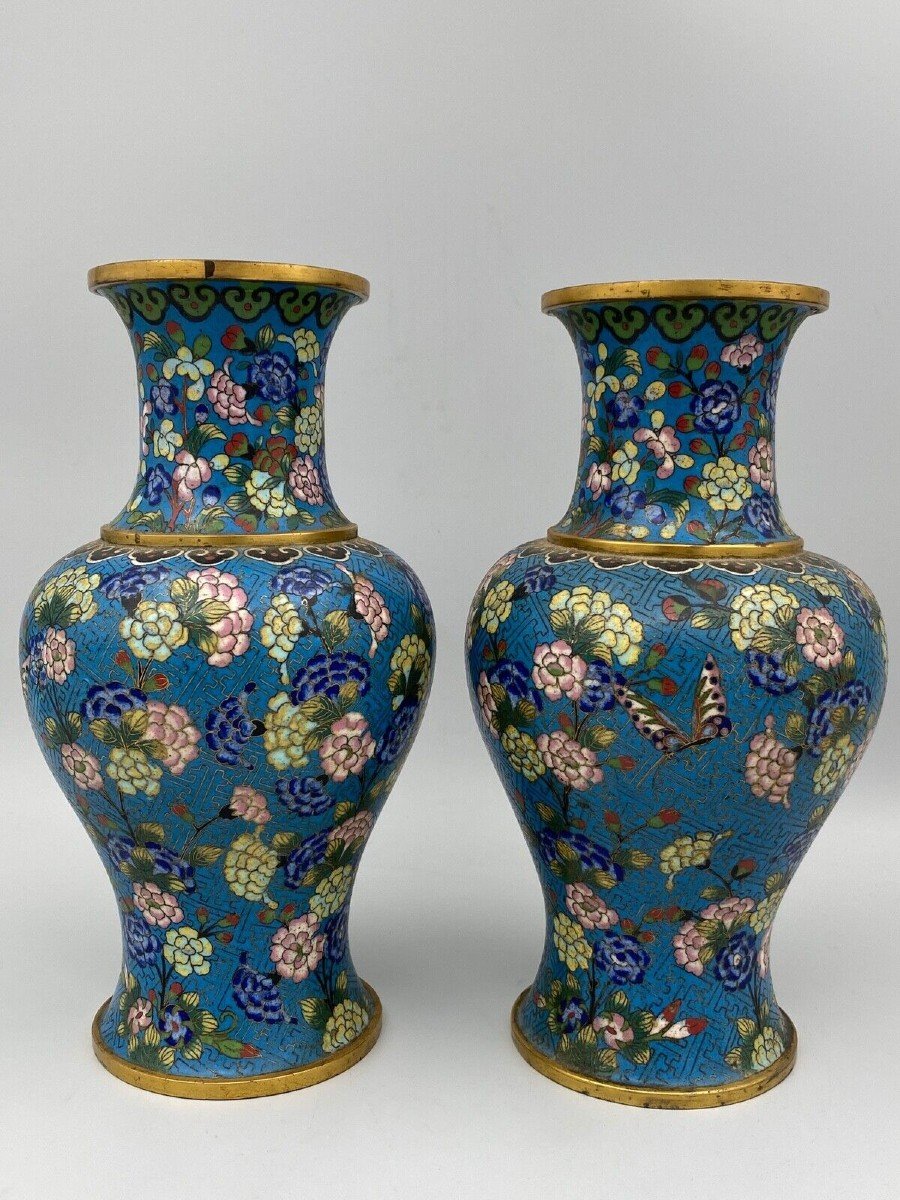 Paire de vases cloisonnés XIXe Chine décor floral -photo-4