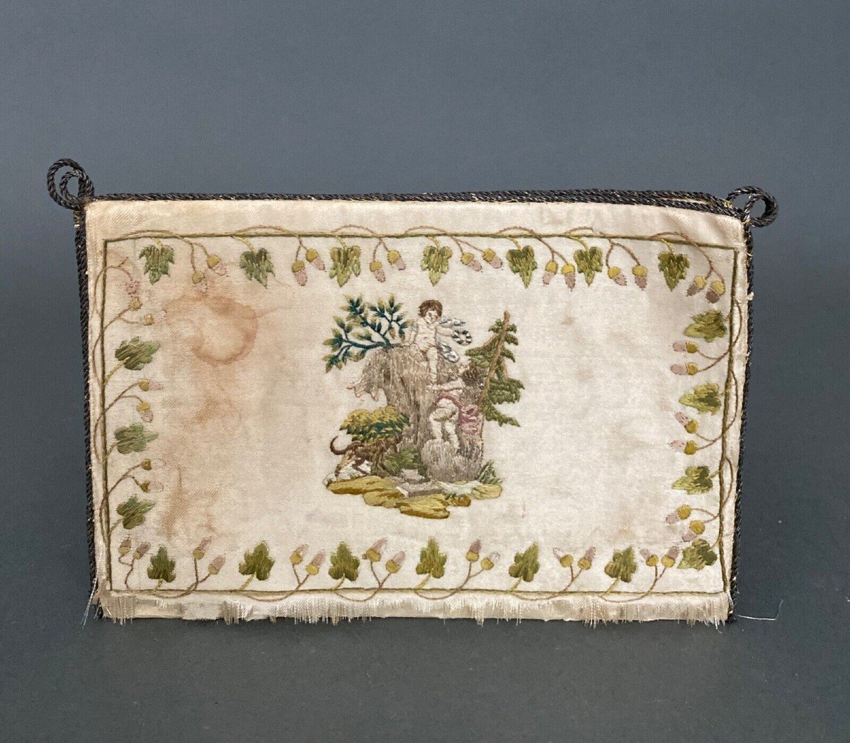 18th Century Handkerchief Pouch Embroidery Liturgical Love Angel Decor-photo-3