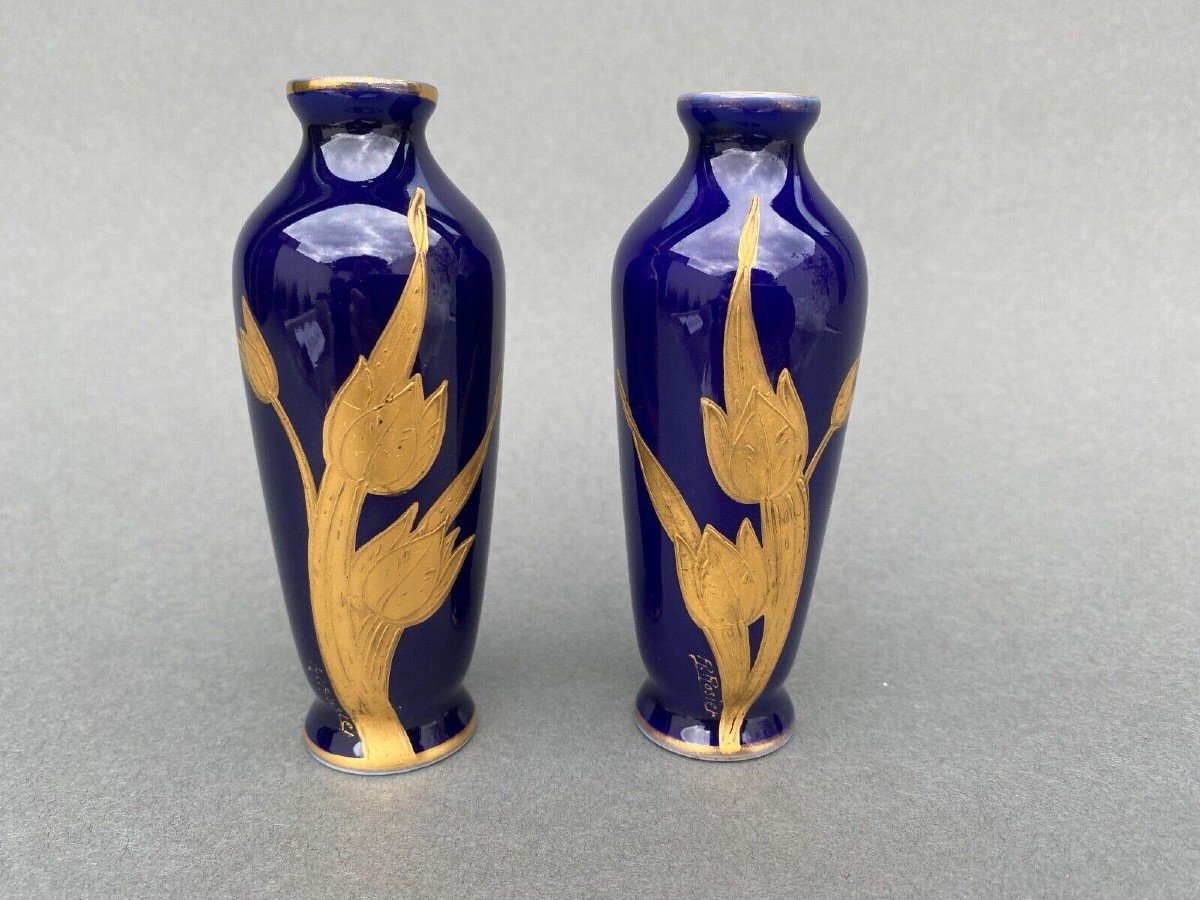 Paire de vases 1900 Limoges fond bleu et rehaut doré décors R. Rosier-photo-4