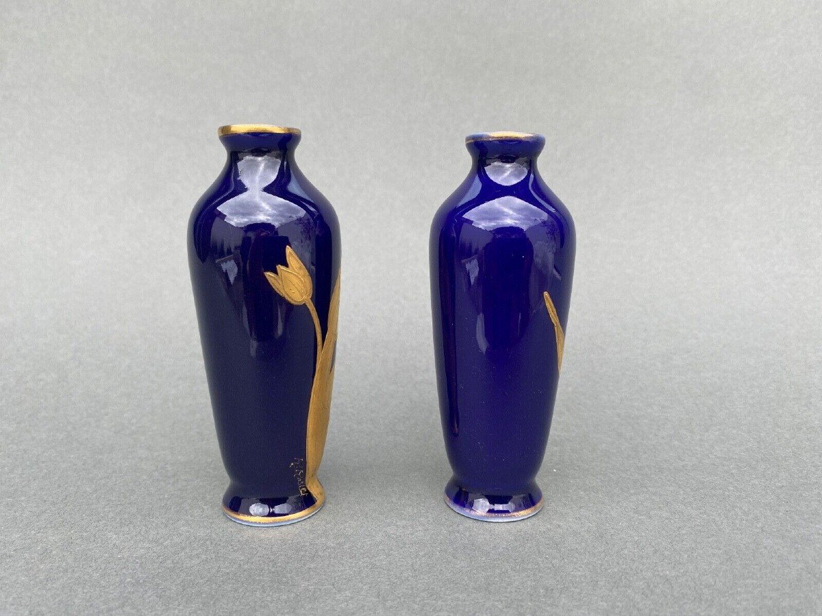 Pair Of 1900 Limoges Vases With Blue Background And Gold Highlights, R. Rosier Decorations-photo-4