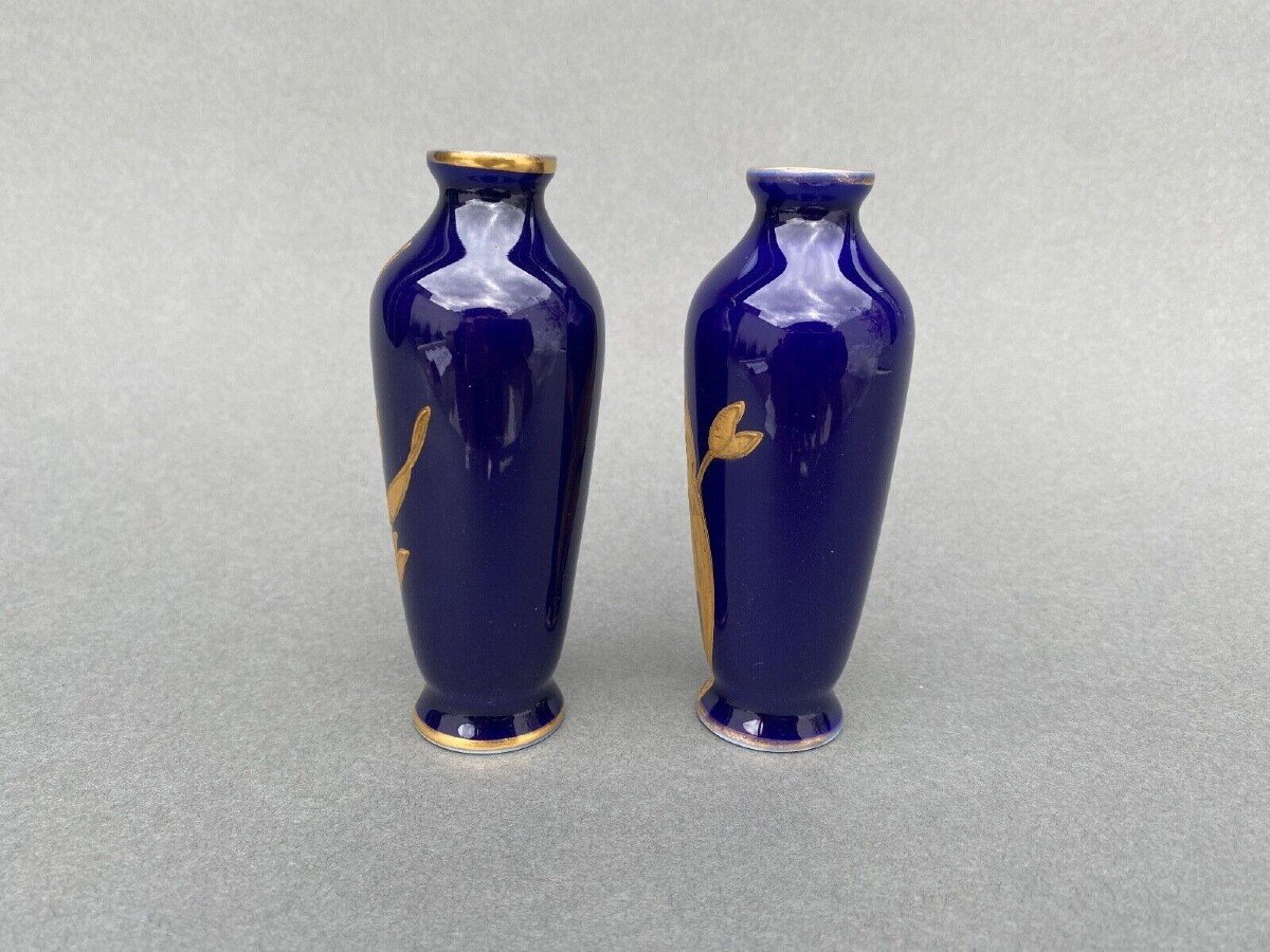 Paire de vases 1900 Limoges fond bleu et rehaut doré décors R. Rosier-photo-6