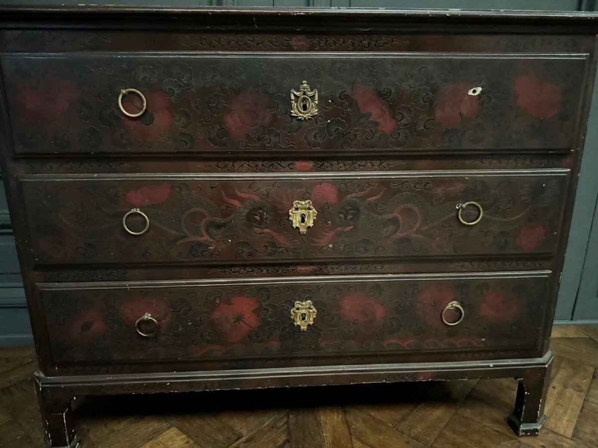 Chinese Lacquer Chest Of Drawers Decorated With Dragon Late 19th Century-photo-3