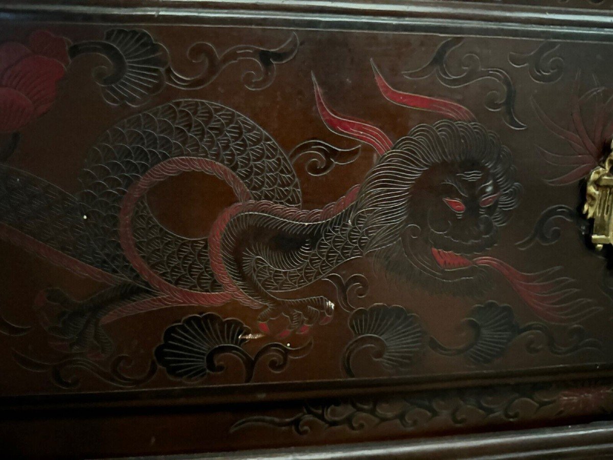 Chinese Lacquer Chest Of Drawers Decorated With Dragon Late 19th Century-photo-4