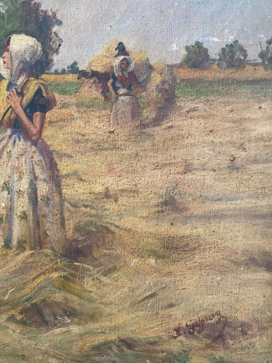 Oil On Canvas By Geffroy Women At The Harvest Early 20th Century-photo-2