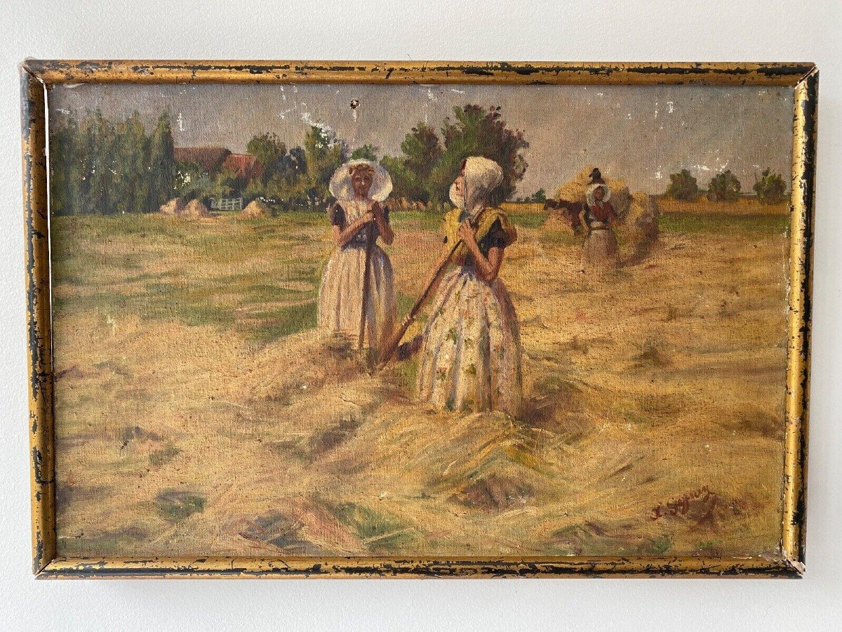 Oil On Canvas By Geffroy Women At The Harvest Early 20th Century