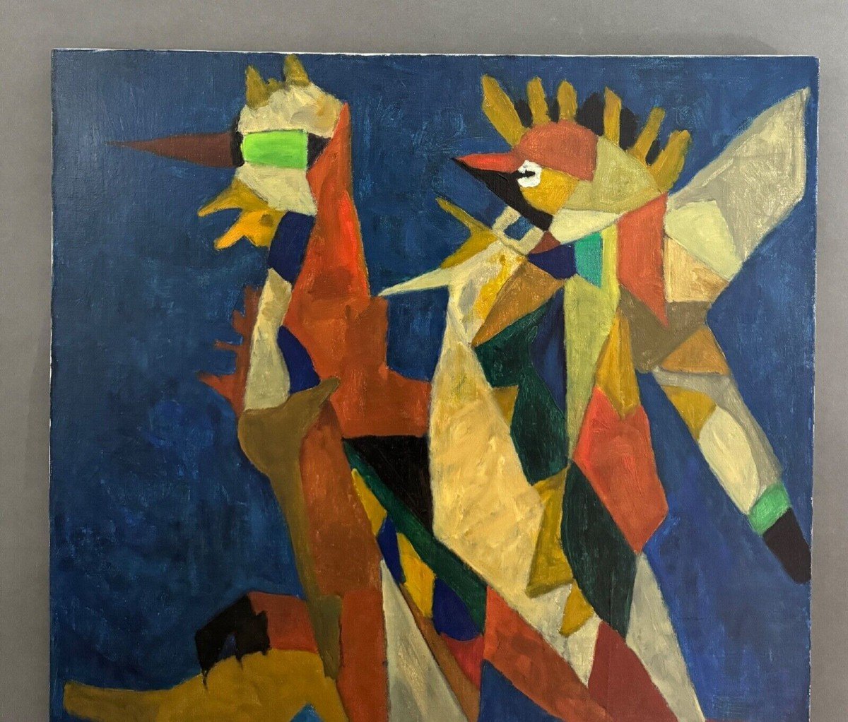 Huile sur toile par Jean Billecocq composition moderne aux coqs 1960-photo-2