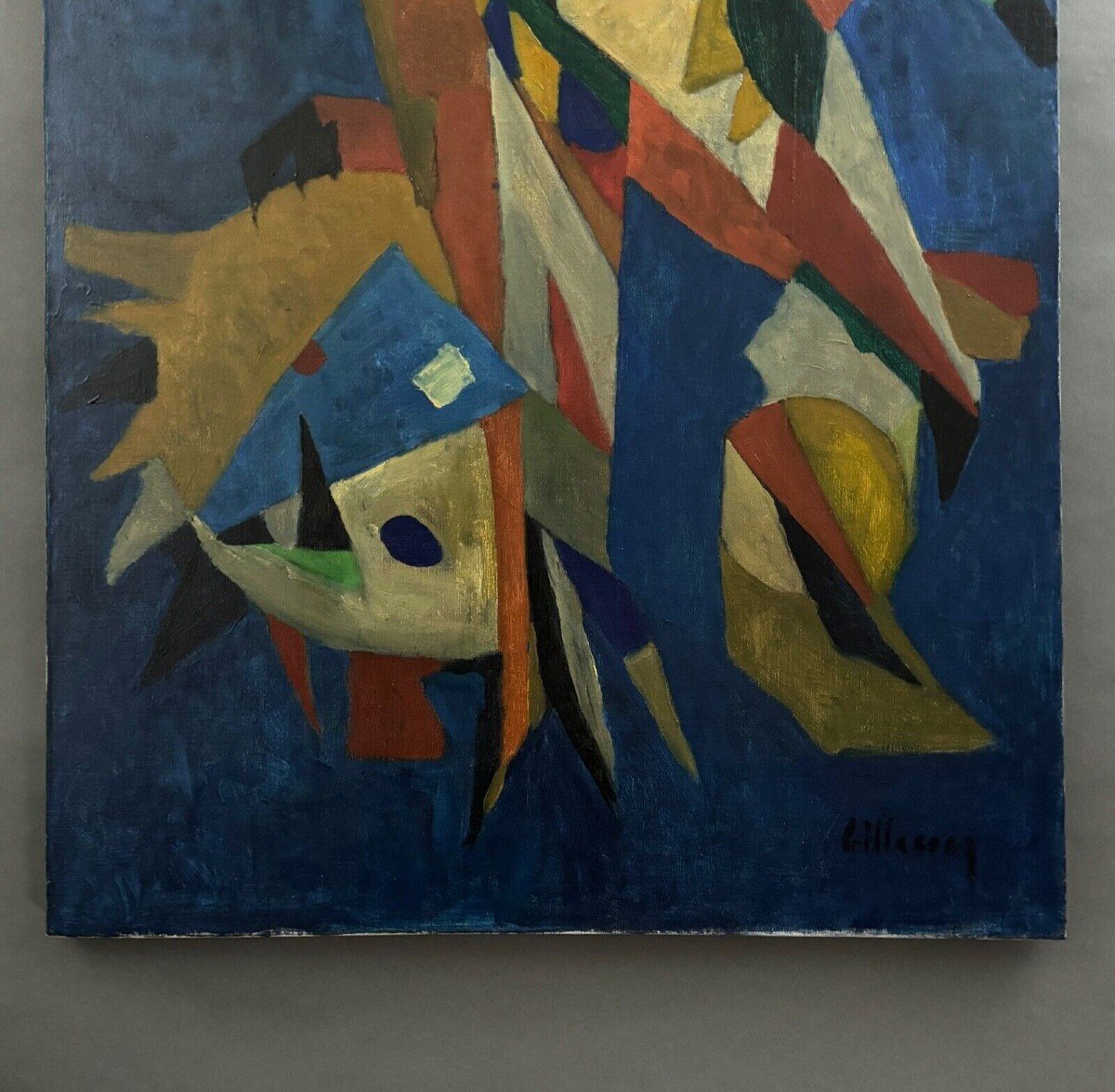 Huile sur toile par Jean Billecocq composition moderne aux coqs 1960-photo-3