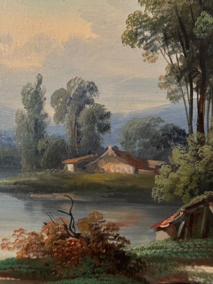 Oil On Canvas Landscape At The Edge Of A Watercourse Late 19th Century-photo-5