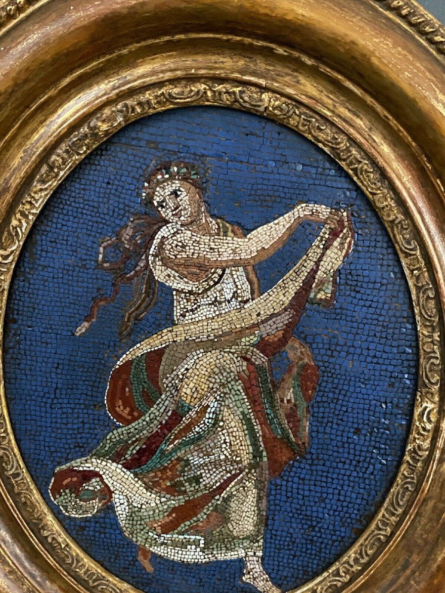 Greek Dancer Micro-mosaic Plaque In Antique 19th Century Oval Frame-photo-2