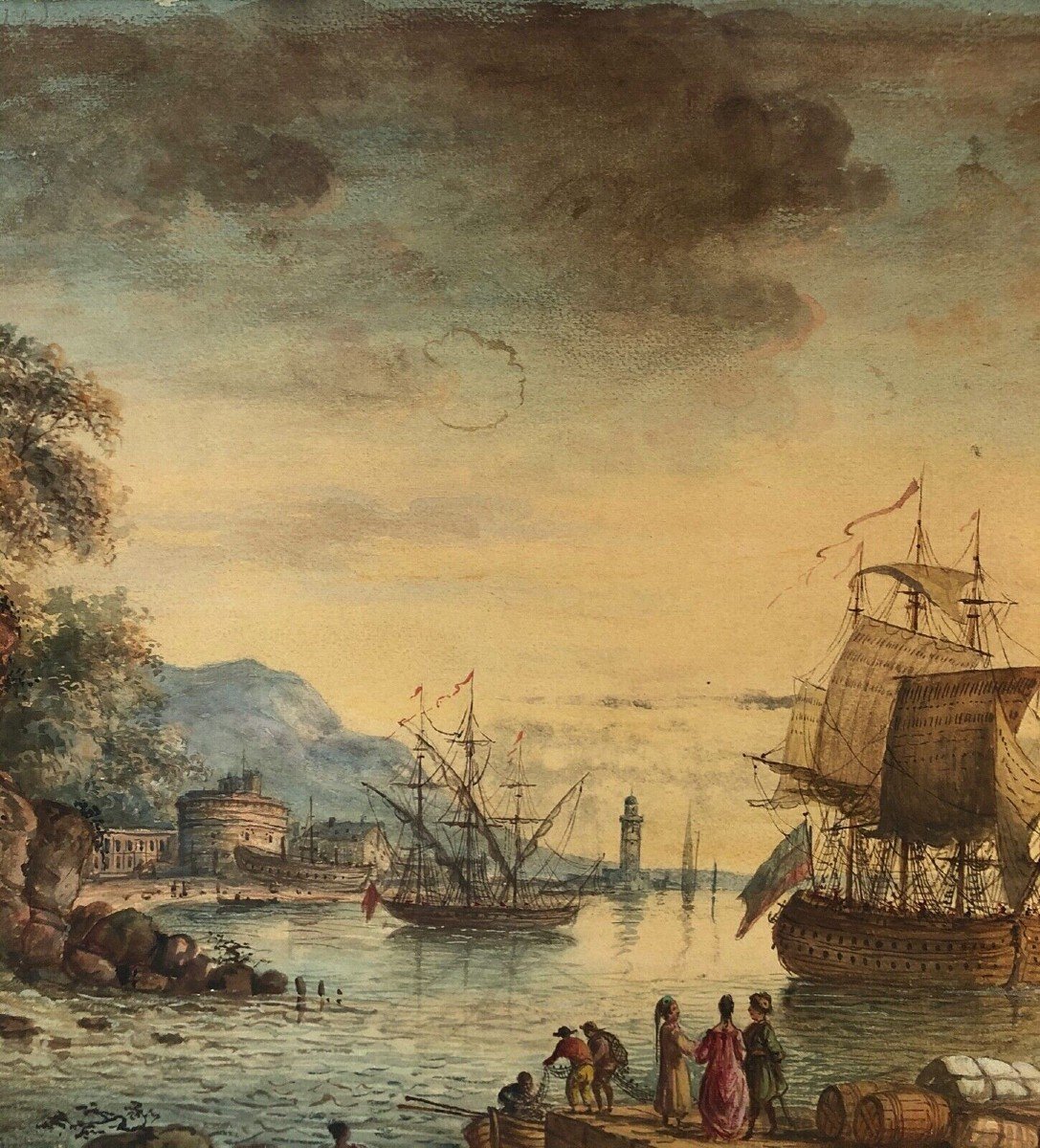 Watercolor 18th Century Port Scene With Waterfall And Ships In Gilded Wooden Frame-photo-1