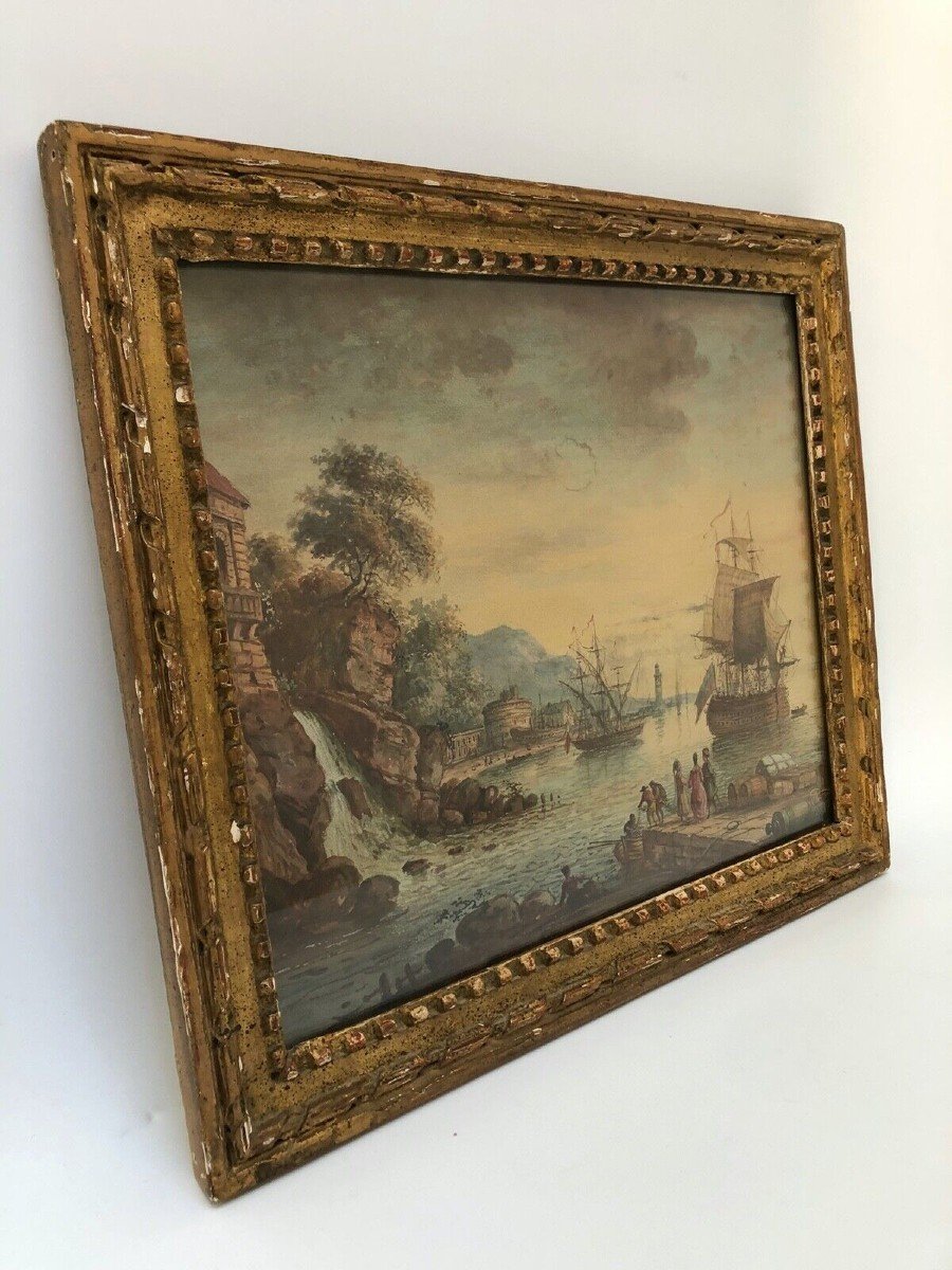 Watercolor 18th Century Port Scene With Waterfall And Ships In Gilded Wooden Frame-photo-7