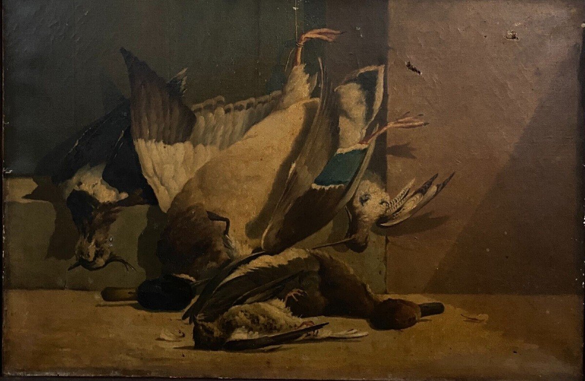 Huile sur toile nature morte retour de chasse gibier à plumes 1908-photo-4