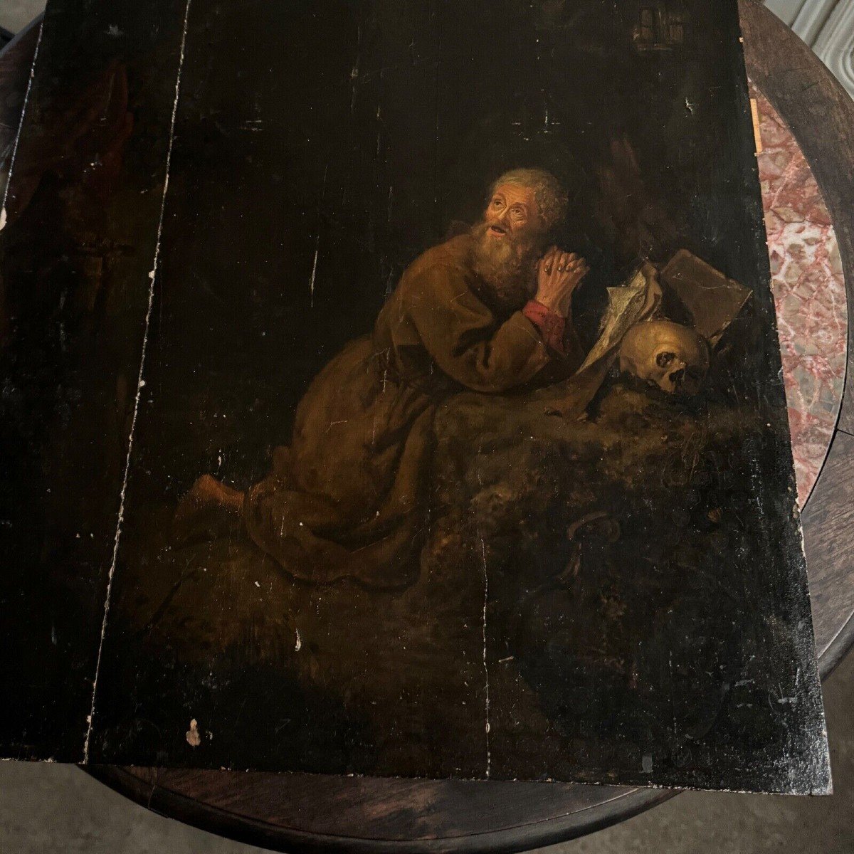 Scène dans le goût de Gerrit Dou XVIIe ermite à la Vanité huile panneau -photo-2