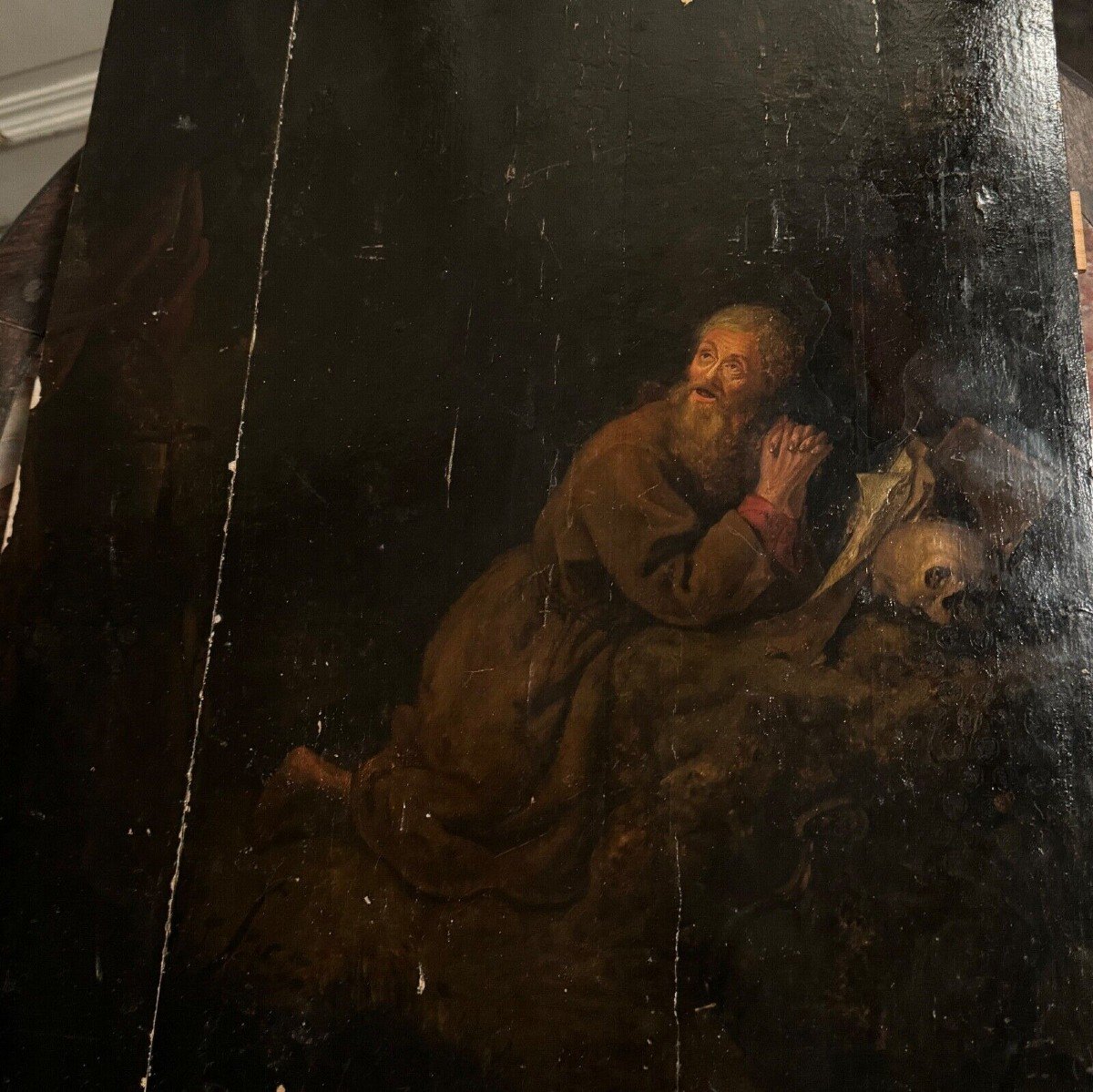 Scène dans le goût de Gerrit Dou XVIIe ermite à la Vanité huile panneau -photo-3