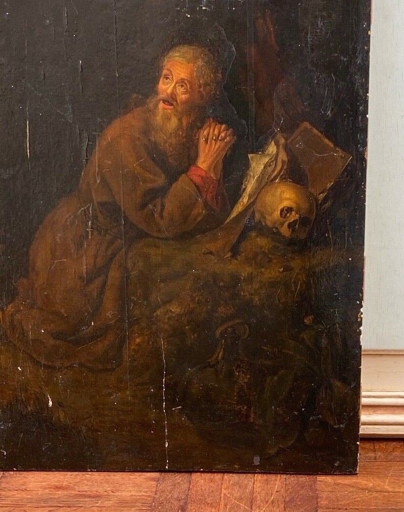 Scène dans le goût de Gerrit Dou XVIIe ermite à la Vanité huile panneau -photo-3