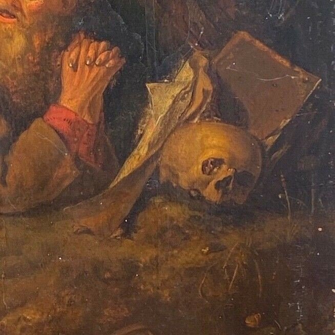 Scène dans le goût de Gerrit Dou XVIIe ermite à la Vanité huile panneau -photo-4