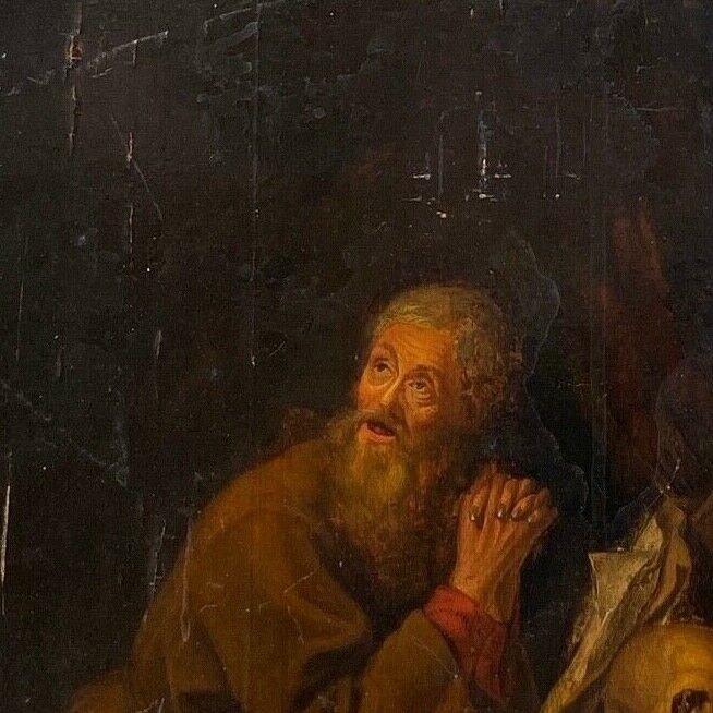 Scène dans le goût de Gerrit Dou XVIIe ermite à la Vanité huile panneau -photo-5