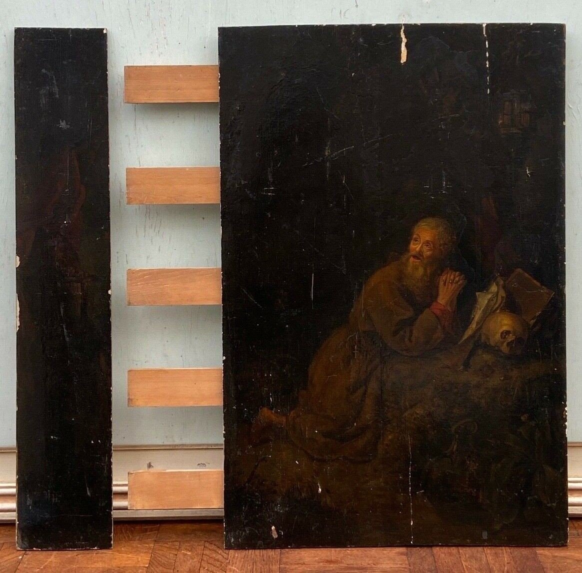 Scène dans le goût de Gerrit Dou XVIIe ermite à la Vanité huile panneau -photo-8