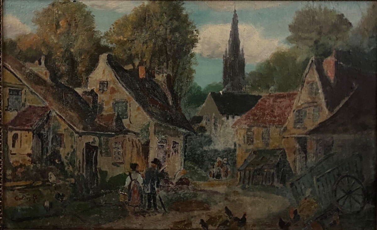 Oil On Panel By G. Colin Breton Landscape Street Scene Early 20th Century-photo-2