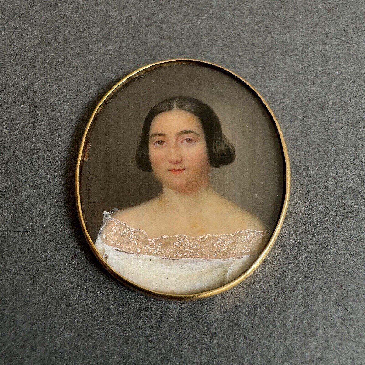 Miniature Early 19th Century Hand Painted By Bouvier Portrait Of A Woman-photo-4