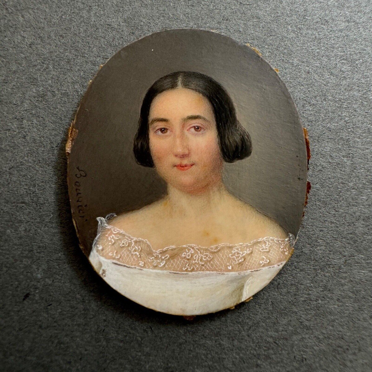Miniature Early 19th Century Hand Painted By Bouvier Portrait Of A Woman-photo-3