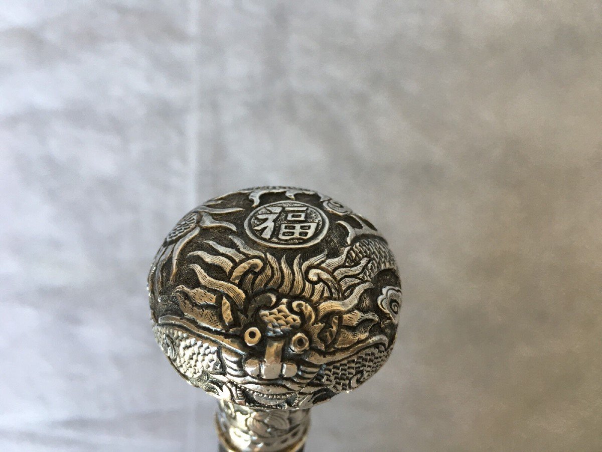 Bronze Cane 19th Century China Or Indochina Dragon Decoration Ironwood Barrel-photo-6