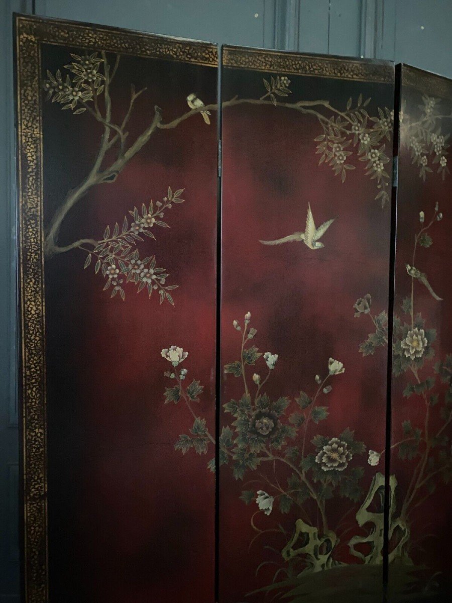 Chinese Lacquer Screen With 4 Leaves, Naturalist Decor, Early 20th Century-photo-1