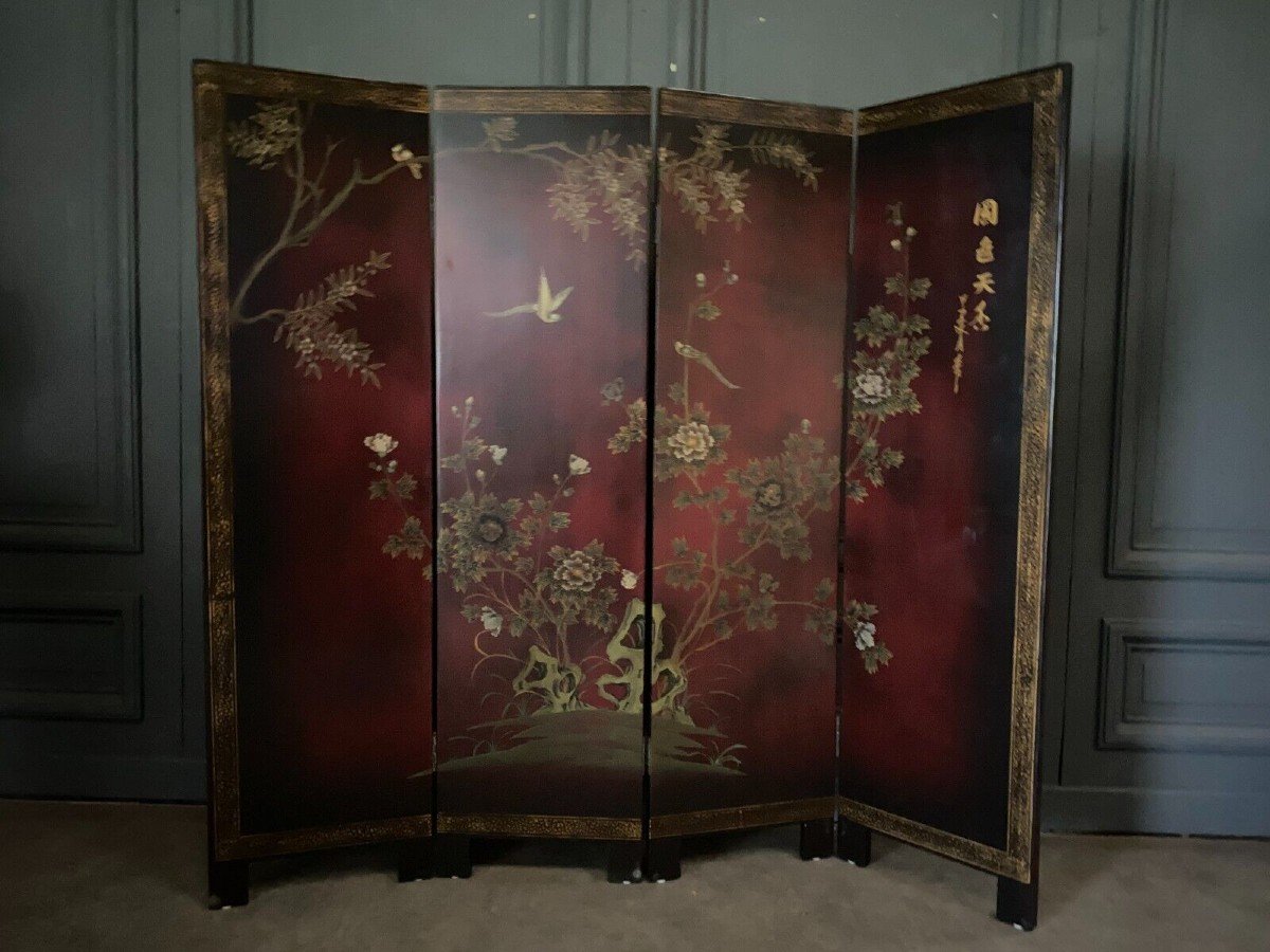 Chinese Lacquer Screen With 4 Leaves, Naturalist Decor, Early 20th Century-photo-2