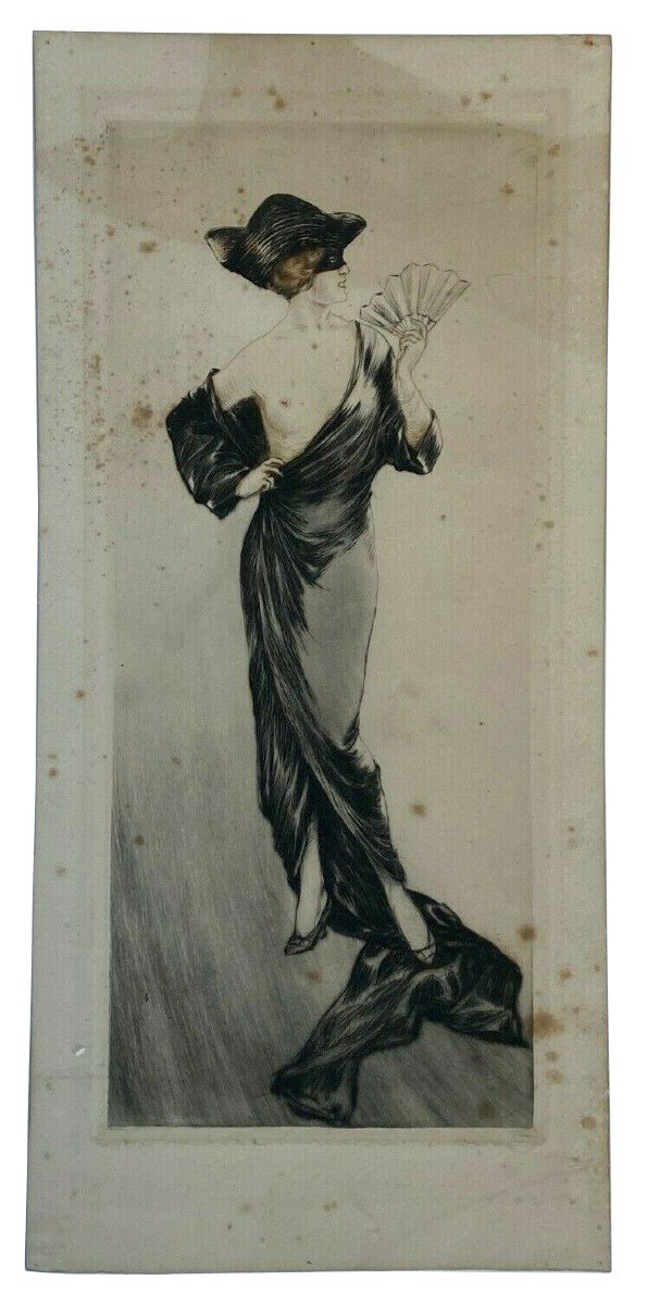 1900 Engraving Woman With Fan Louis Icart