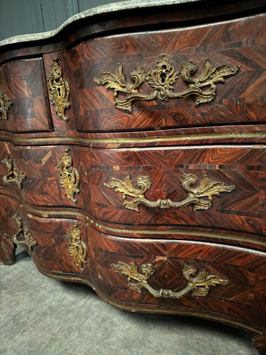 18th Century Louis XV Chest Of Drawers In Marquetry Decorated With Marble-photo-2