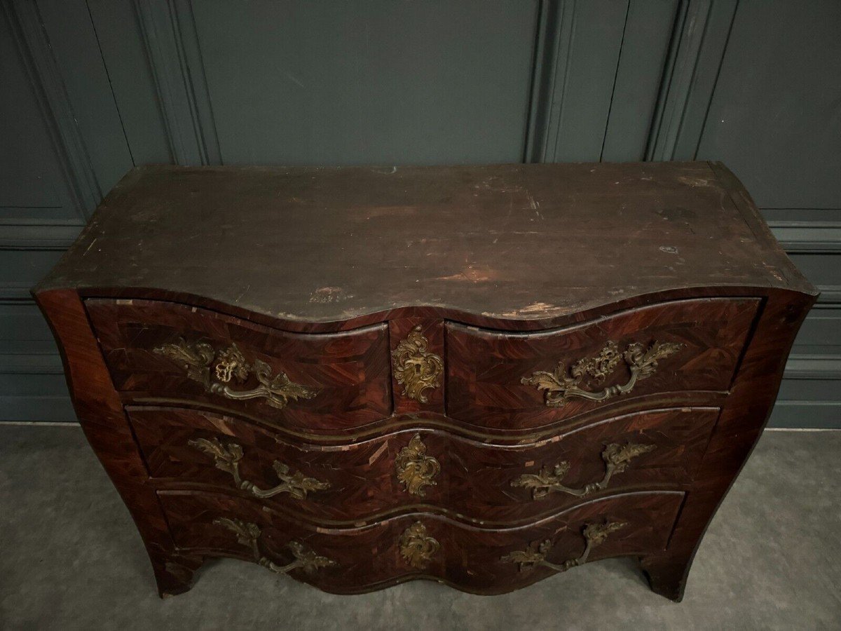 18th Century Louis XV Chest Of Drawers In Marquetry Decorated With Marble-photo-4