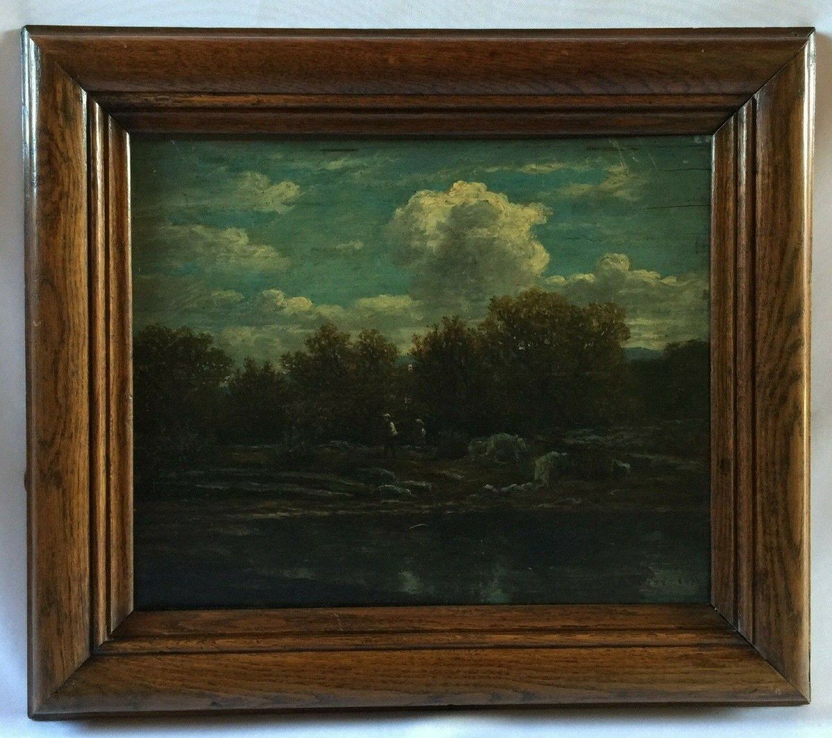 Huile sur panneau de bois par Chevalier 1878 scène Barbizon cadre en bois