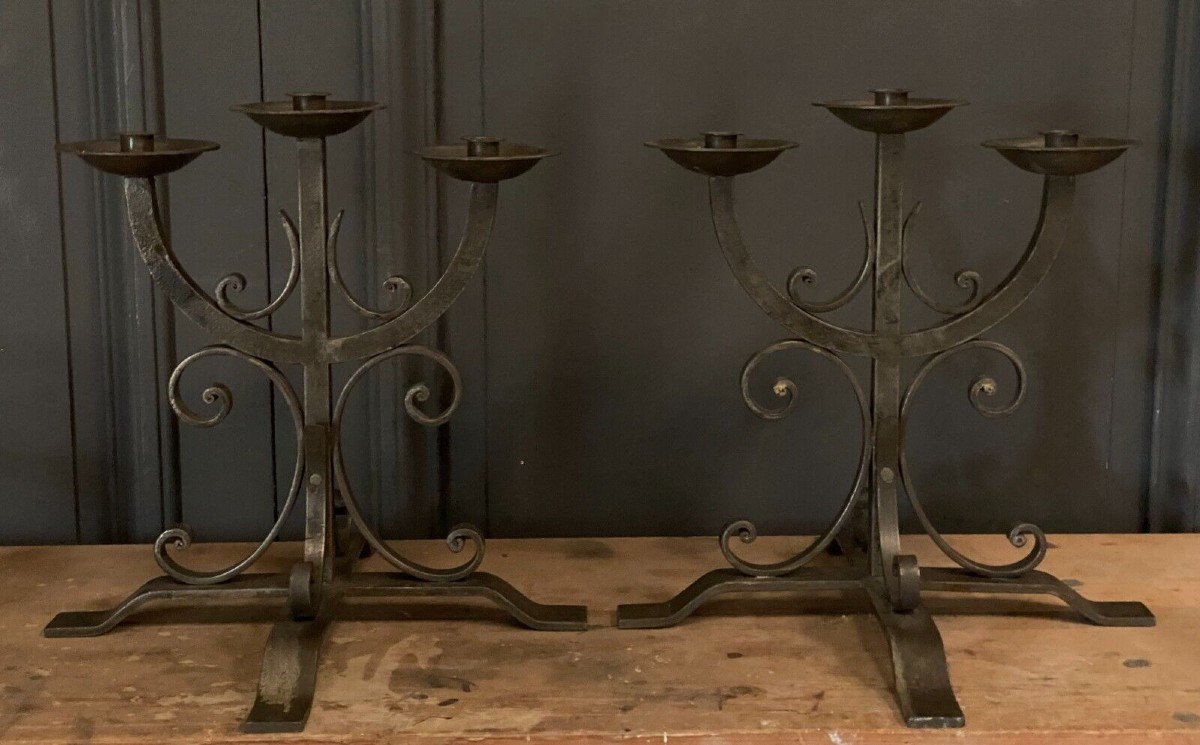 Pair Of Neo-gothic Ironwork Candlesticks With 3 Lights 1940-photo-2