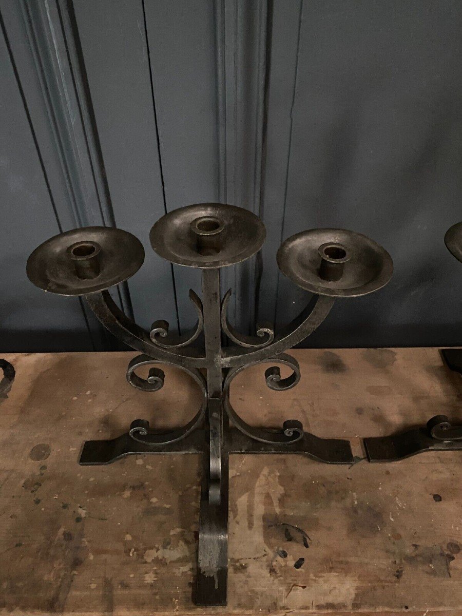 Pair Of Neo-gothic Ironwork Candlesticks With 3 Lights 1940-photo-1