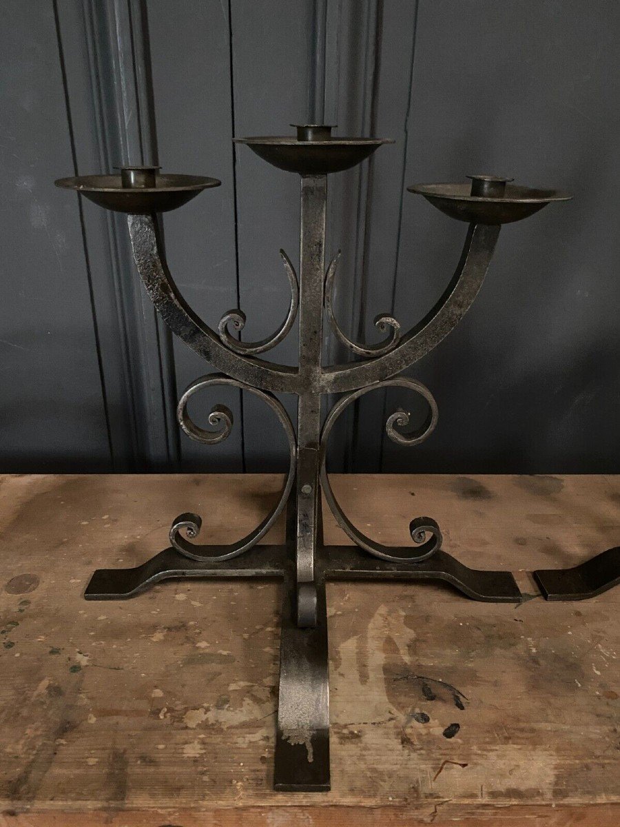 Pair Of Neo-gothic Ironwork Candlesticks With 3 Lights 1940-photo-3